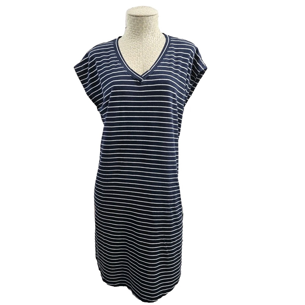 J.JILL Women's M Navy Dress Sleeveless V-Neck T-Shirt Jersey Striped Pockets